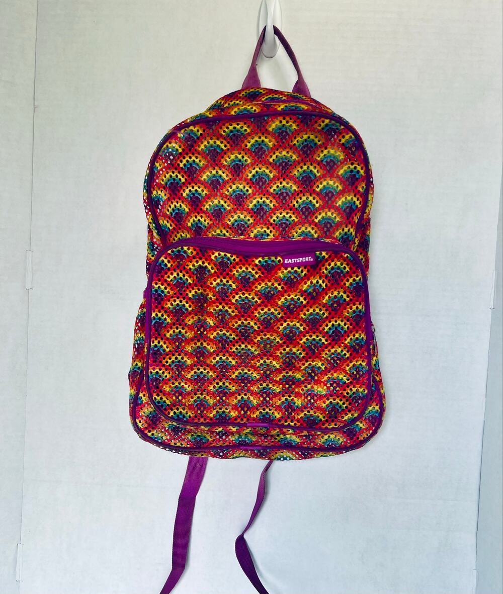 EastSport Mesh Rainbow Color Back Pack. 2 Compartments, side Pockets. Zip close.